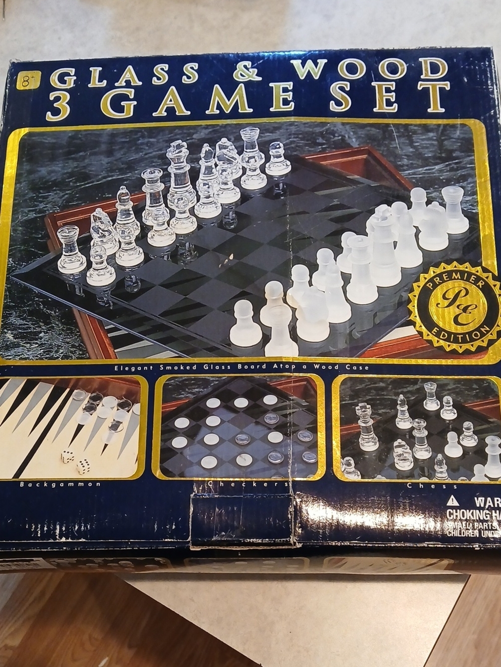 Glass Frosted and Clear Chess Checkers Backgammon Set